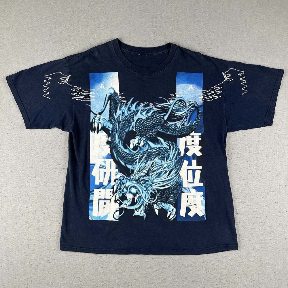 Vintage Y2K Dragon Graphic Shirt Men's XL Blue Kanji Japanese Streetwear 2000